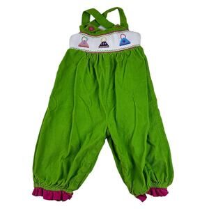 Vtg Smocked Corduroy Overalls Green Pink Purses Toddler Girls 2T Beaux et Belles